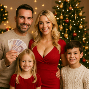 Family of four celebrating Christmas in front of a decorated tree, with the father holding Canadian cash—festive holiday atmosphere