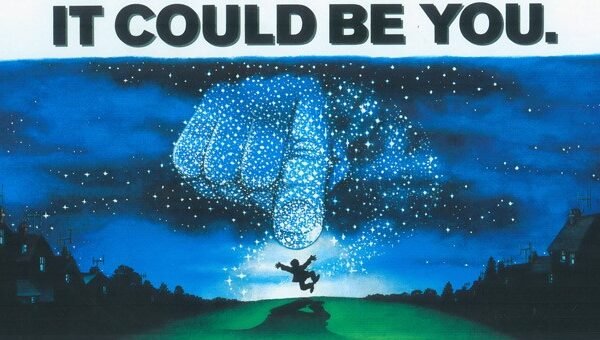 Night sky forms a giant starry hand pointing down beneath the words “IT COULD BE YOU,” with a silhouetted person jumping between dark rooftops.